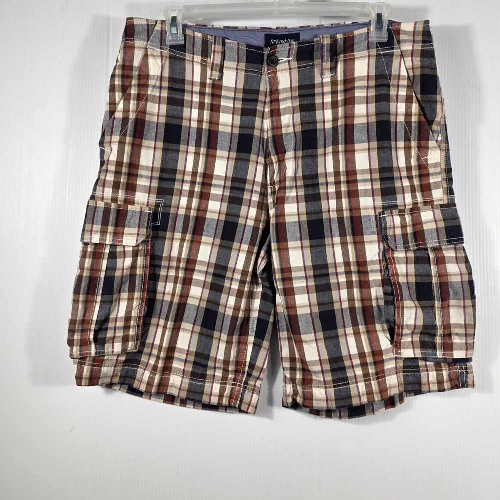 St Johns Bay Mens Plaid Cargo Shorts Brown Navy Tan 100% Cotton Size 38 RN93677